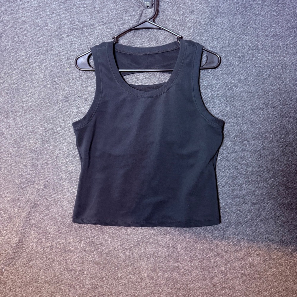 Ebb & Flow Womens Large Black Ribbed Tank Top Back Cutout Athletic‎ built in